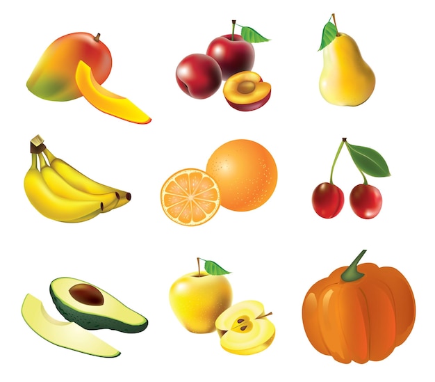 ベクトル 単離された詳細なベクトルイラストとアイコンのフルーツと野菜セット