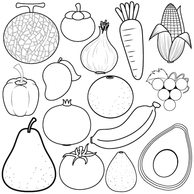 Fruits andvegetables doodle outline