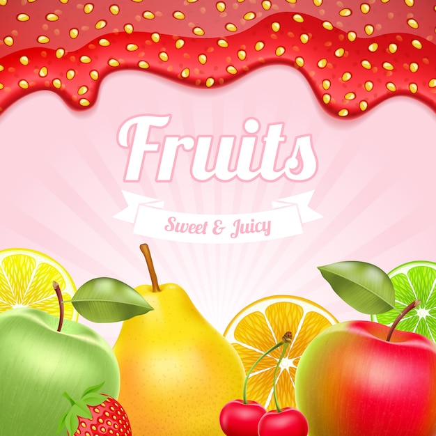 Fruits background with strawberry jam border on top.