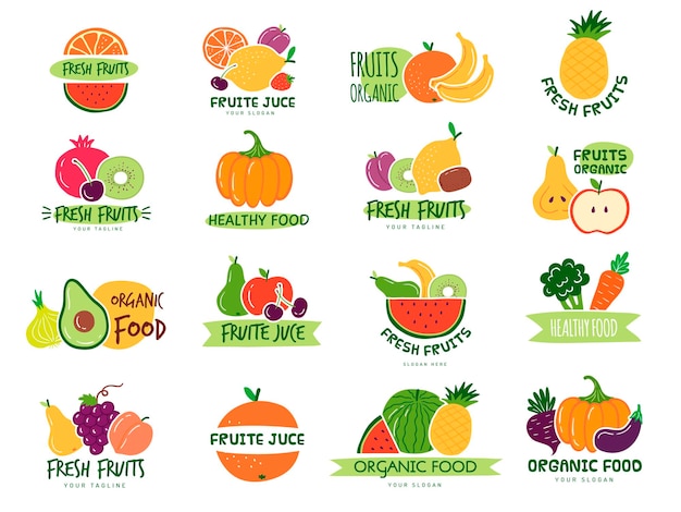 과일 배지 개인 신원 브랜드 디자인 템플릿을 위한 과일이 많은 야채가 포함된 컬러 로고타입 최근 벡터 그림 테스트 유기농 배지 과일 로고 건강하고 자연스러운 그림