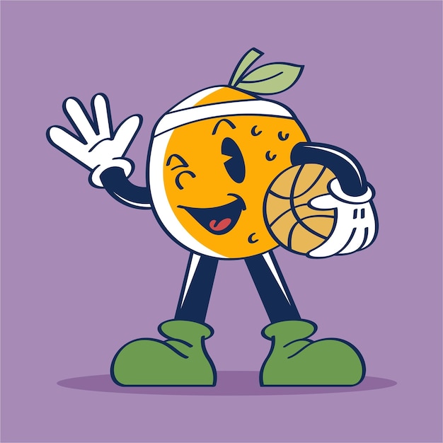 Vettore personaggi dei cartoni animati di pallacanestro di frutta orange say hai con il disegno a mano dell'illustrazione della palla da basket