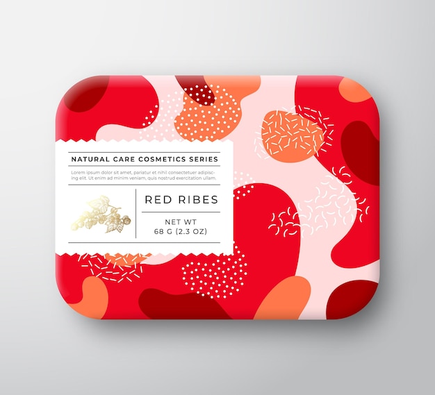 Frutta bagno cosmetici scatola contenitore di carta avvolta vettoriale con etichetta di cura copertina packaging design tipografia moderna e ribes rosso disegnato a mano bacche camo sfondo pattern layout