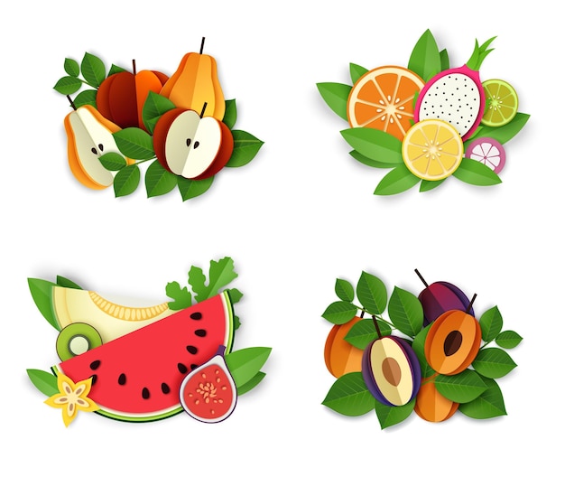 Fruits and berries composition set vector isolated illustration in paper art style