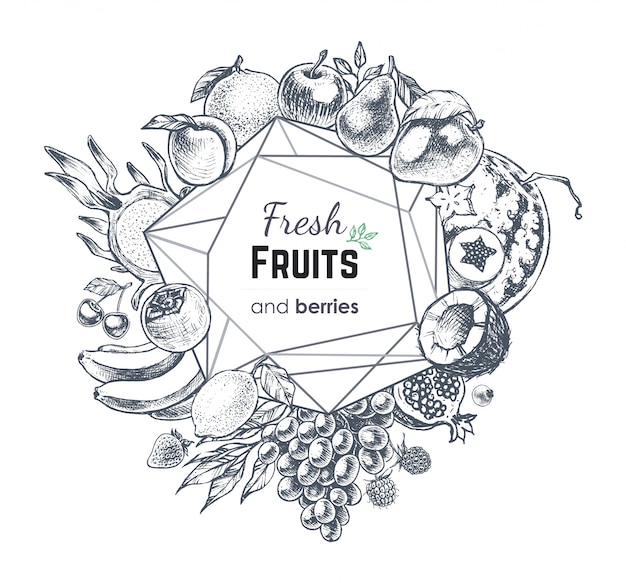 Fruits and berries hand drawn banner.