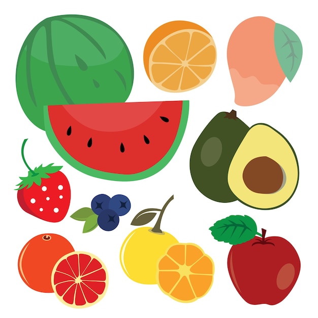 Vector fruits and berries icons set vector illustration in flat style