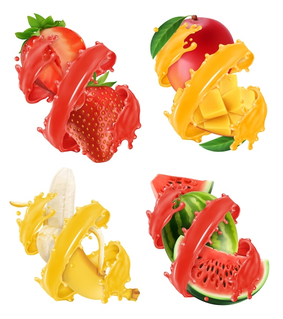 Fruits and berries in splash of juice illustration set