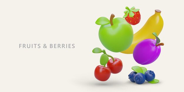 Fruits and berries Vector banner with 3D floating elements