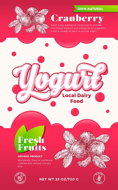 Modello di etichetta yogurt frutta e bacche. layout di progettazione di imballaggio lattiero-caseario astratto di vettore. banner di tipografia moderna con bolle e sfondo di sagoma di schizzo di mirtillo rosso disegnato a mano. isolato.