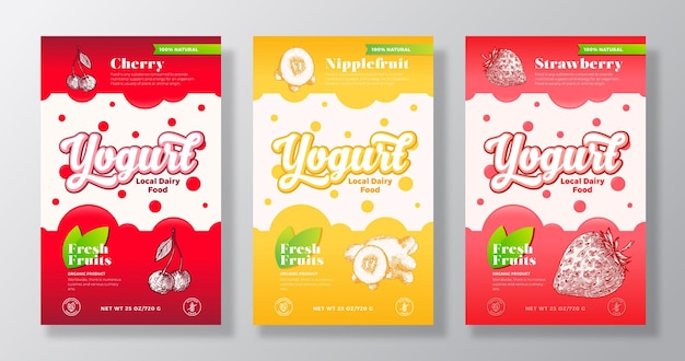 Vector fruits and berries yogurt label templates set abstract vector dairy packaging design layouts collection modern banner with hand drawn strawberry cherry and nipplefruit sketches background isolated