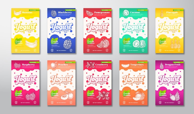 Vector fruits berries yogurt labels set vector dairy packaging design layouts hand drawn backgrounds