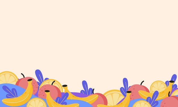 Фрукты мультяшный фон с копией пространства. Красочный фруктовый баннер. Банан, персик и лимон.