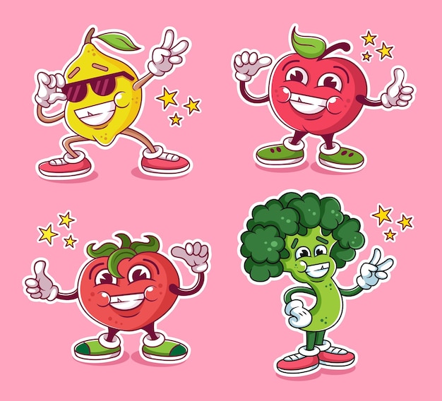 Fruits cartoon characters Vegetables cartoon characters Vector illustrations Stylized mascots
