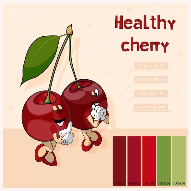 Fruits Cherries are delicious and healthy Burgundy color with arms and legs Groovy style Mascot