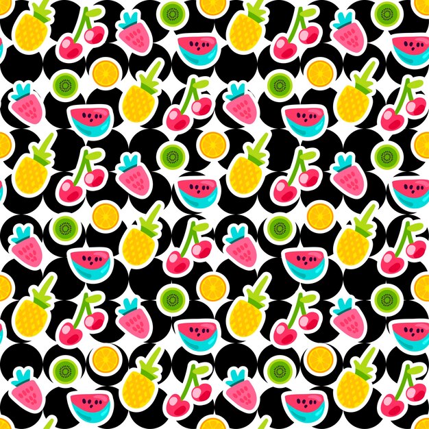 Fruits color seamless vector pattern. doodle cherry, strawberry, pineapple stickers on circles