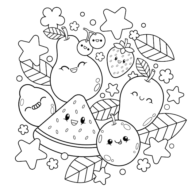 Vector fruits coloring book illustration