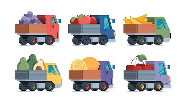 Вектор Доставка фруктов фургоны, зеленые натуральные продукты, доставка фруктов и овощей на розничные городские рынки, коллекция ярких векторных плоских автомобилей