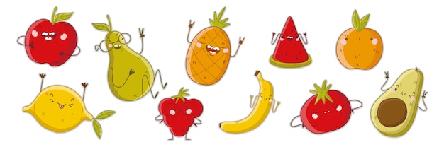 과일 세트 낙서. 흰색 바탕에 행복 한 화가 만화 감정을 채식 다채로운 음식 마스코트 캐릭터의 손으로 그린 템플릿 패턴의 컬렉션입니다. 비타민 건강 영양 그림