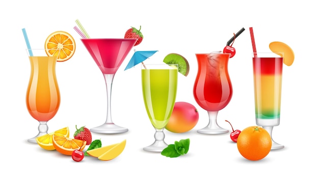 Vector fruits drinks. seasonal summer realistic cocktails. berries, fruit alcoholic and non alcoholic beverages.