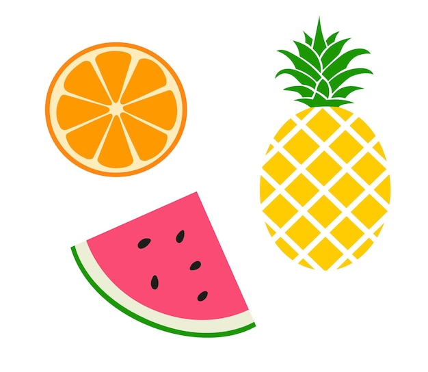 Fruits flat icons Vector piece of watermelon pineapple and orange slice isolated on white