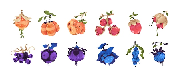 Vettore risorsa di gioco di frutta grafica sprite gui fantasy per videogiochi bacche bizzarre magiche per slot machine set di icone di piante fantastiche colorate del fumetto vettoriale