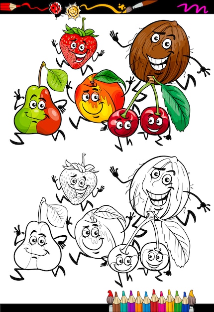 Fruits group cartoon coloring page