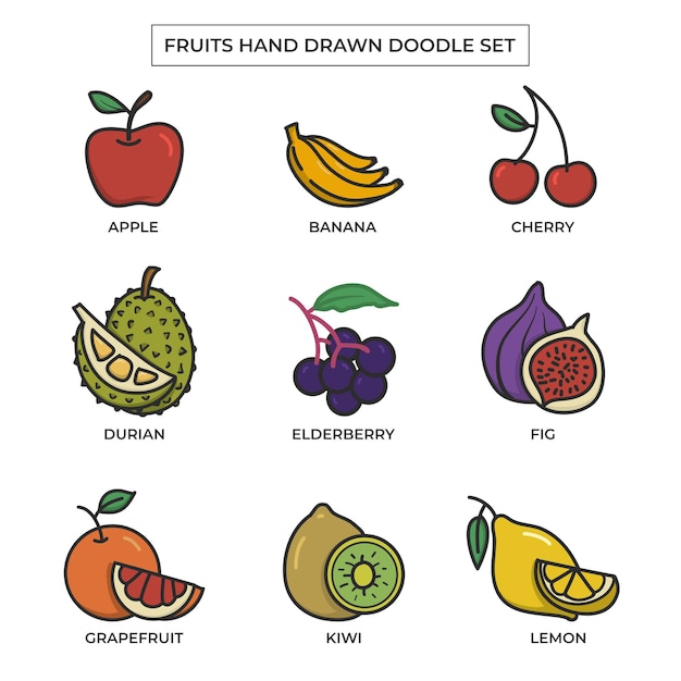 Insieme di scarabocchi disegnati a mano di frutta con colore piatto