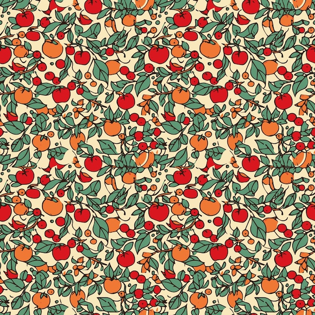 Vector fruits illustration seamless pattern on beige background