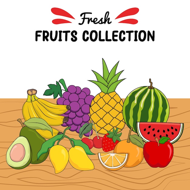 Vector fruits illustration in wooden table 2d flat graphic collection