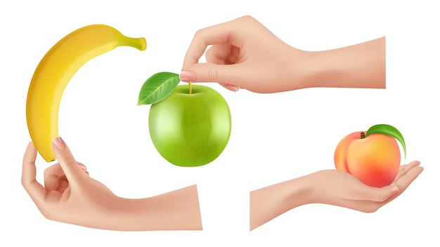 손에 과일입니다. 사과 복숭아 바나나를 들고 있는 현실적인 팔, 음식 벡터 세트로 고립된 인간. 채식 유기농 과일 컬렉션, 영양 건강 그림