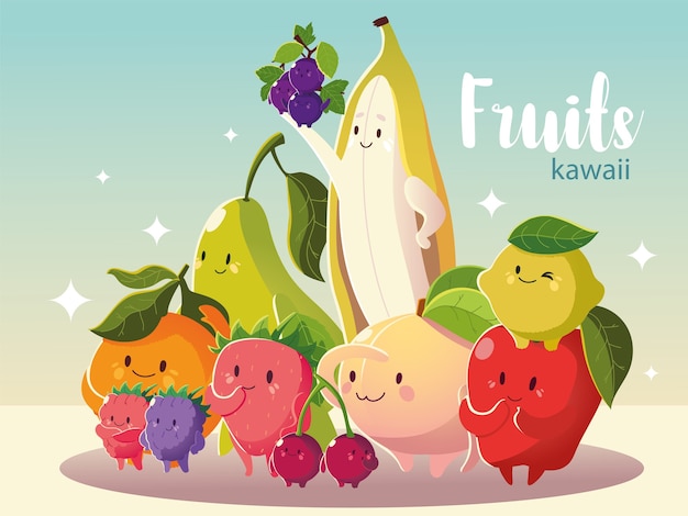 Frutta kawaii divertente carino banana mela pera pesca arancia ciliegia e limone