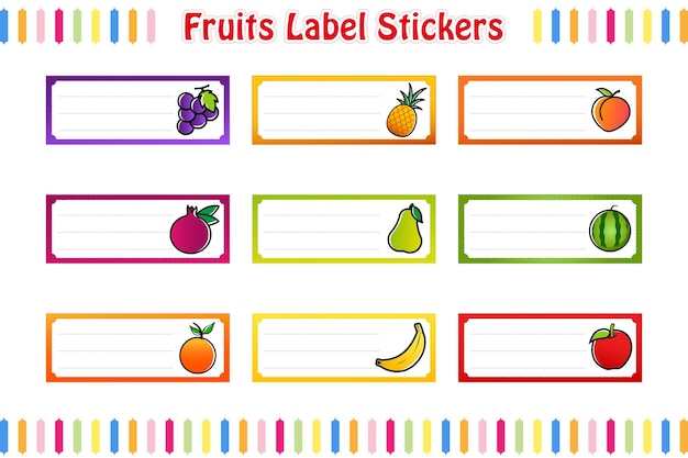 Fruits Labels Stickers, School name labels, Rectangular labels color vector isolated illustration