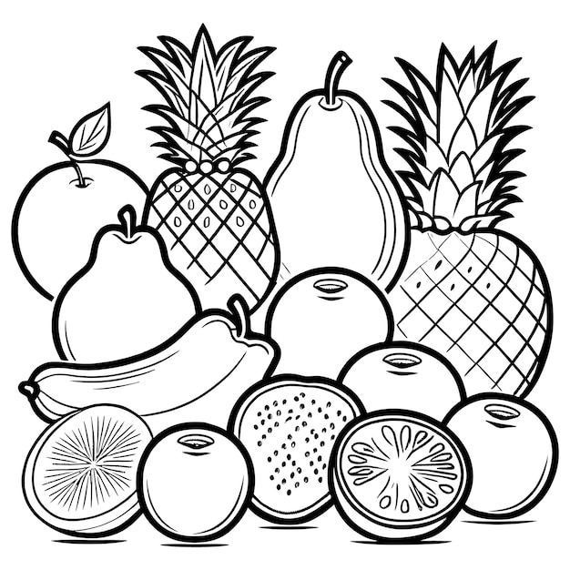 Vector fruits outline coloring page illustration for children and adult