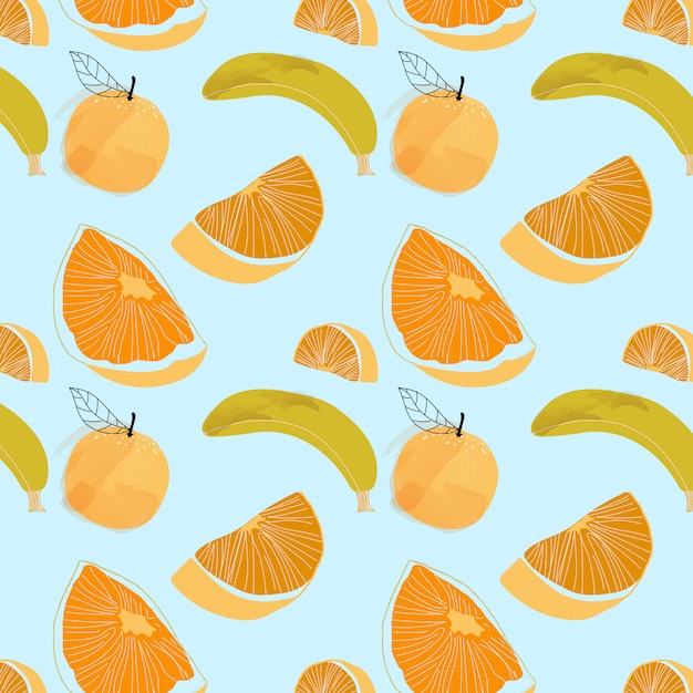 Vector fruits pattern - blue and tropical background.