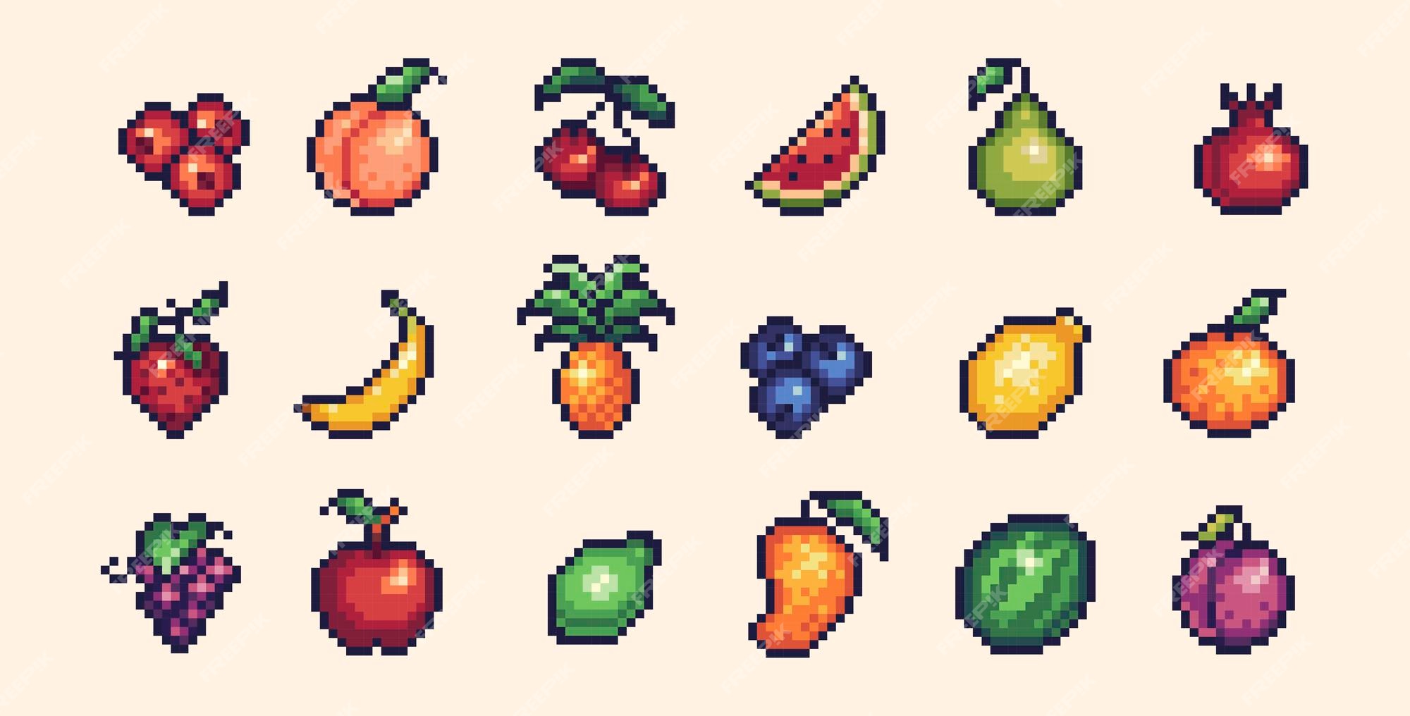 Vegetables and fruits pixel art set. Different garden plants