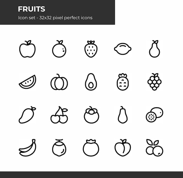 Vector fruits related icons set simple line icons and editable stroke in 32 x 32 pixel perfect