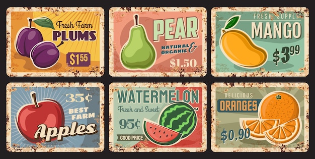 Fruits rusty metal plates, vintage rust tin signs with ripe garden pear