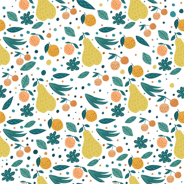 Fruits seamless pattern. cherry berries, apples, pears and leaves