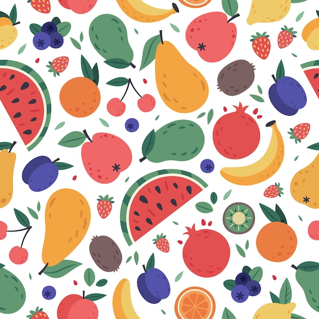 Fruits seamless pattern. Hand drawn doodle fruits, berries wrapping paper, vegan fabric or vegetarian meal menu, watermelon, mango, banana and strawberry  background. tropical juice products