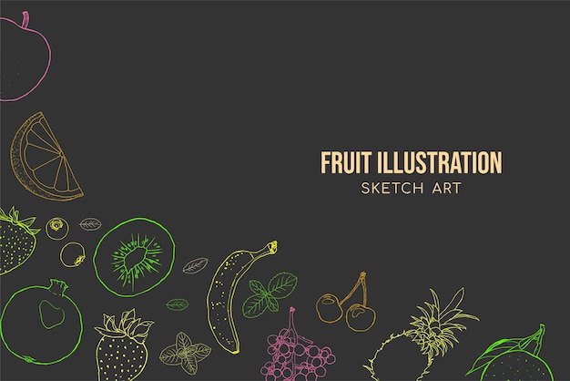 Vector fruits sketched line art background