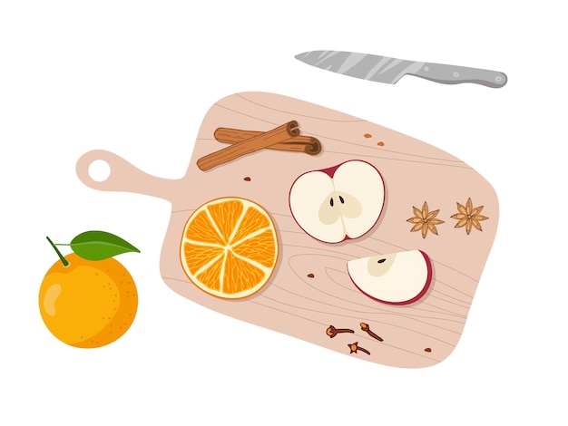 Vector fruits, spices, knife lie on cutting board for cooking spicy drinks and foods. recipe ingredients