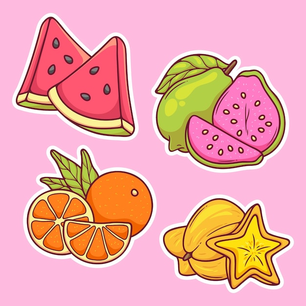 Fruits Sticker Icons Hand Drawn Coloring Vector