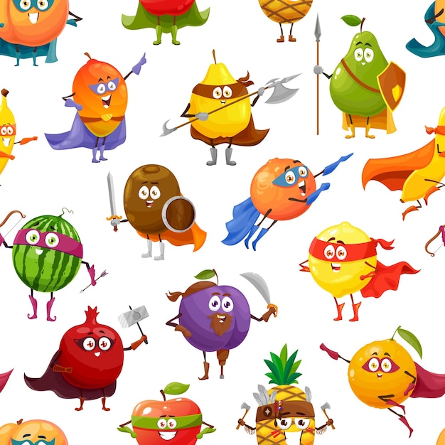 Fruits superhero characters seamless pattern