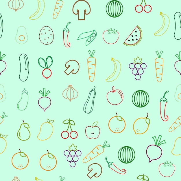 Vector fruits vegatables pattern templates colored repeating