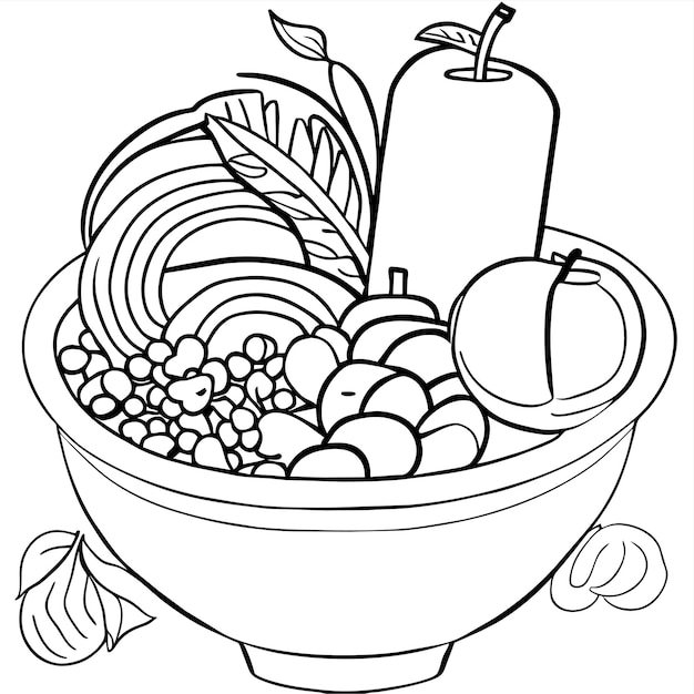 Vector fruits and vegetable in the pot coloring page