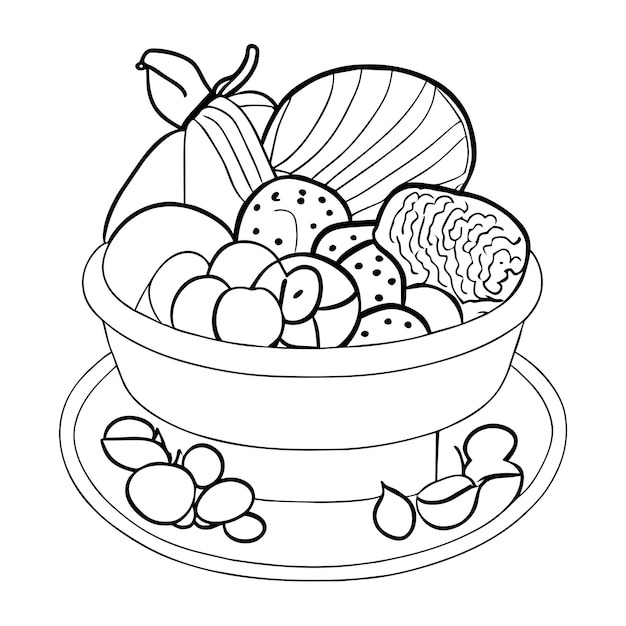 Vector fruits and vegetable in the pot coloring page