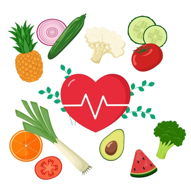 Fruits and vegetables around a healthy heart symbol healthy food flat style