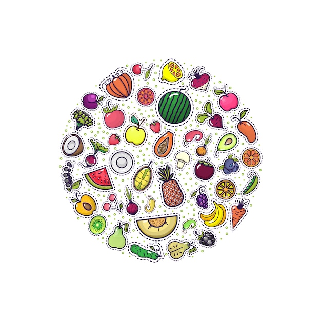 Vector fruits and vegetables in the circle banner