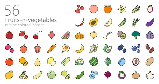 Vector fruits and vegetables colored icon set