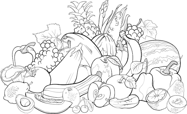 Vector fruits and vegetables for coloring book