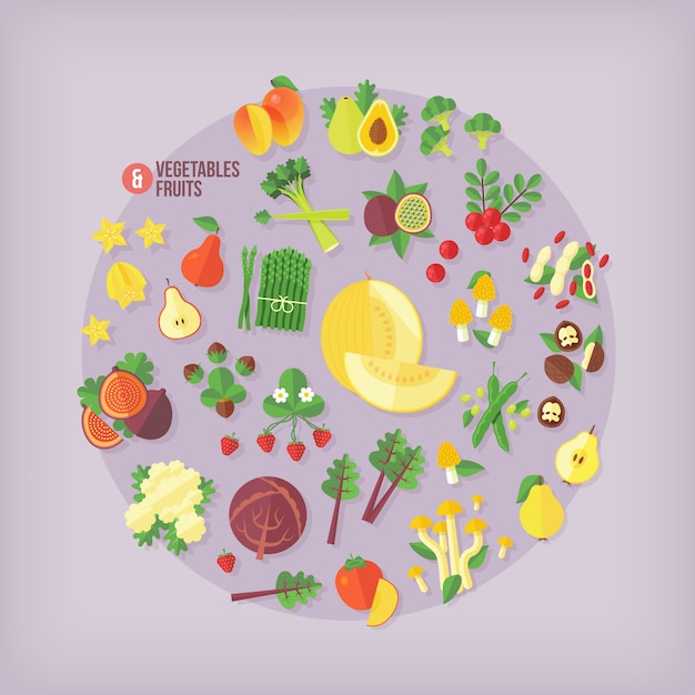 Vector fruits and vegetables  icons collection.  modern style.